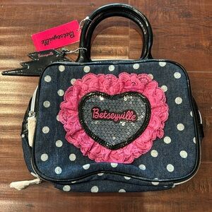 Betsey Johnson Heart Lace Betseyville Make-Up Travel Bag, Denim, NWT!